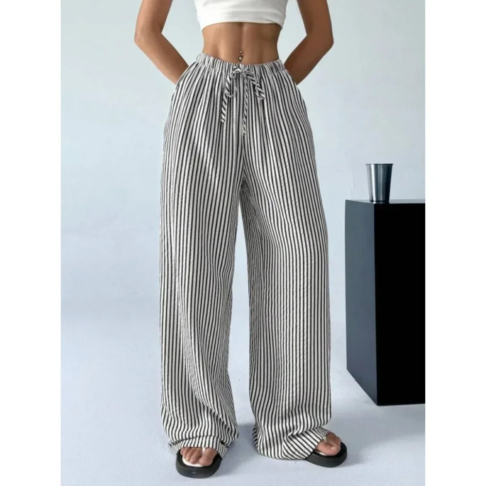Women Striped Loose Straight Leg Pants High Waist Elastic Breathable Flattering Casual Daily Streetwear Comfy