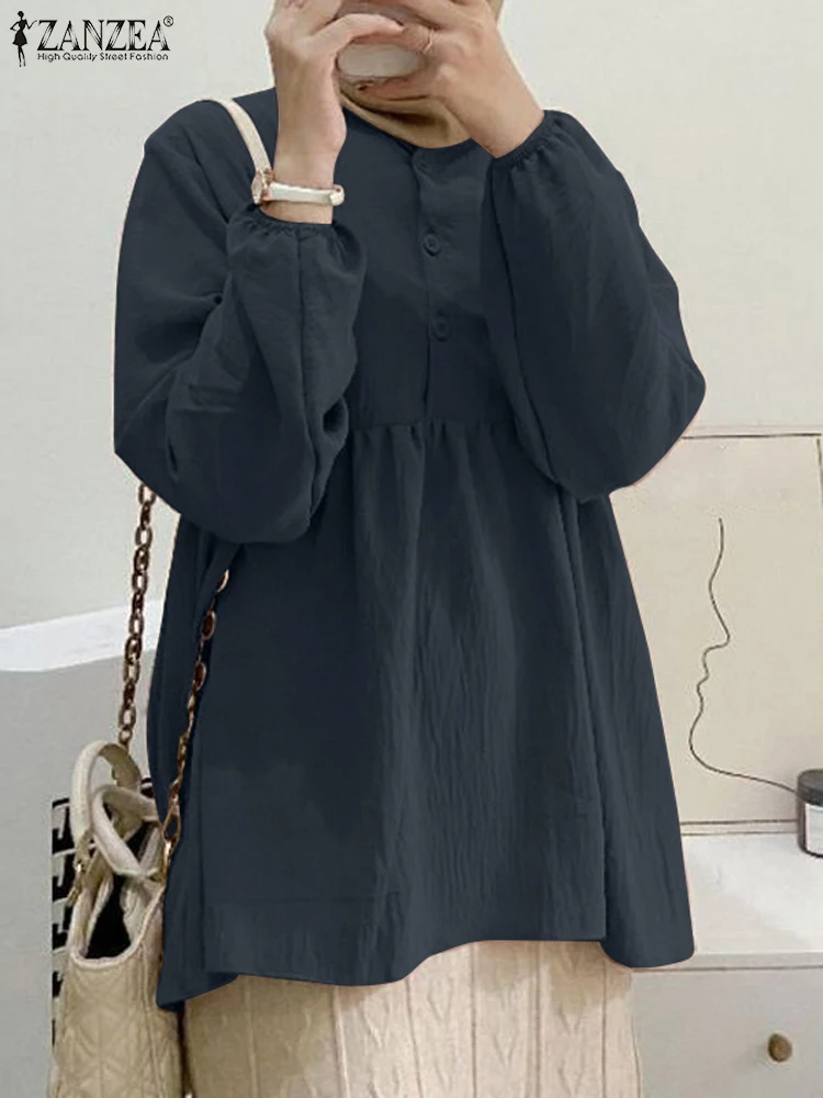 

ZANZEA Fashion Muslim Shirt Casual Loose Tunic Tops Solid Islamic Clothing Abaya Blusas Women Autumn O Neck Long Sleeve Blouse