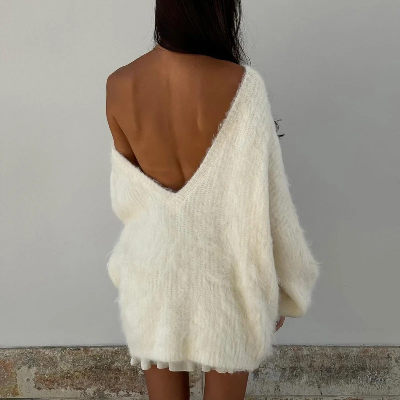 2024 Autumn Long Sleeve Sexy Big Backless Knitted Sweater Dress For Women Fashion Solid Loose Sweater Pullover Streetwear