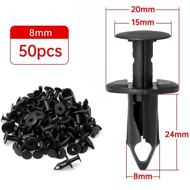 8mm Car Retainer Clips Plastic Fasteners Kit Auto Trim Panel Clip Black Car Body Bumper Rivet Set Replacement Push Pin 50PCS