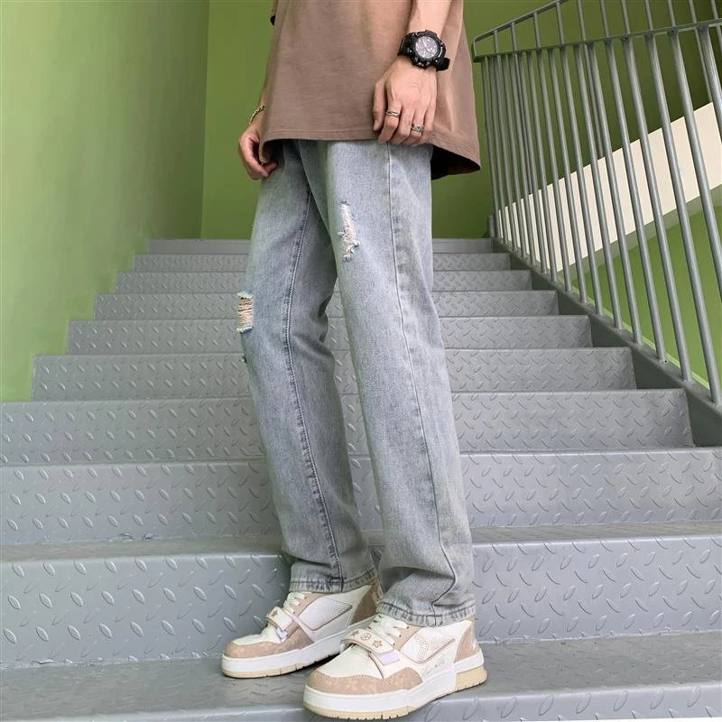 Denim Ripped Jeans Ruined Knee Hole Men\'s Straight Casual Pants Light Blue Tide High Street Old Retro Wide Leg Dropship Pants