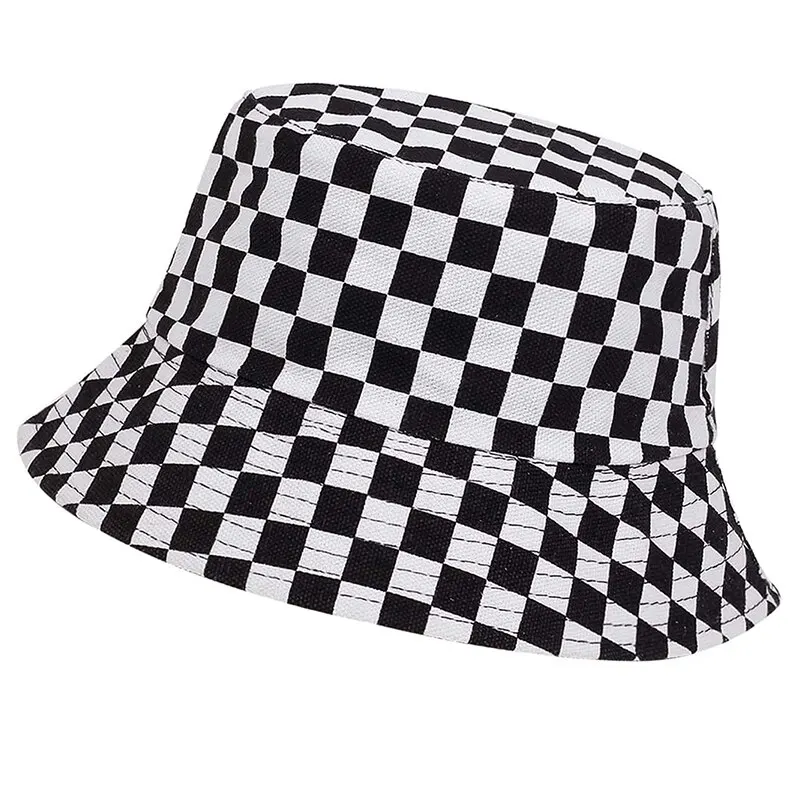 Unisex Black White Checkered Printing Personality Bucket Hats Fishermen Caps Outdoor Casual Cap Sunscreen Hat