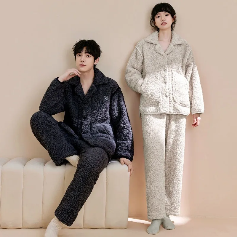 Couple Pajamas for Men Fleece Winter Sleepwear Korean Sleeping Night Wear Solid Pijama 2 Pcs Pants Sets Warm Pocket Home Suit