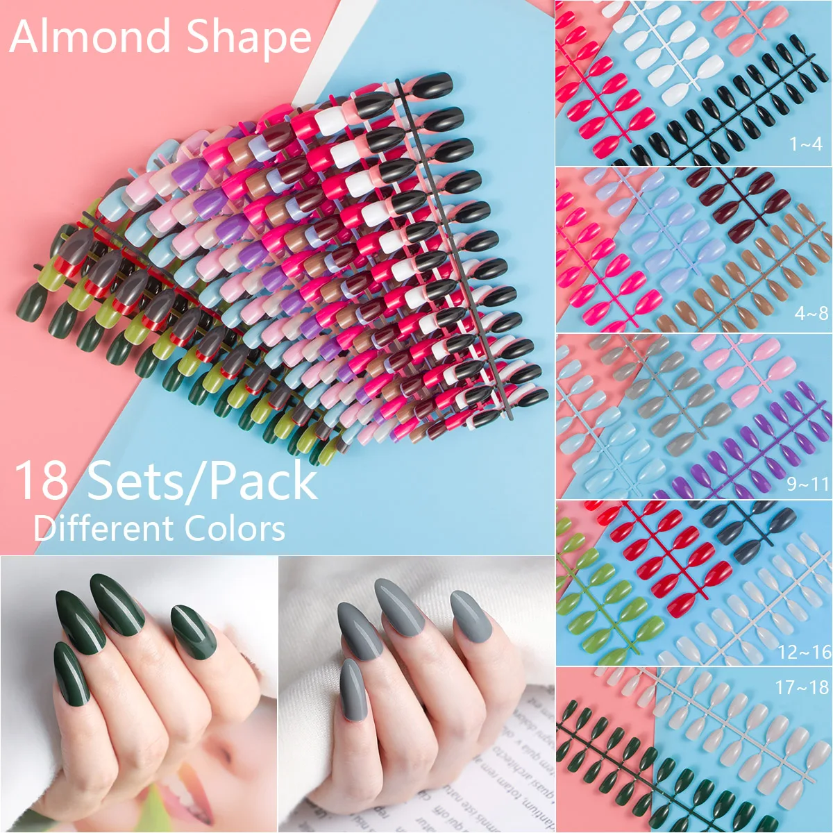 

Almond Shape Short False Nail Tips 18 Sets Mixed Different Colors Full Cover Artificial Nails for Home Nail Art DIY 24PCS/Set