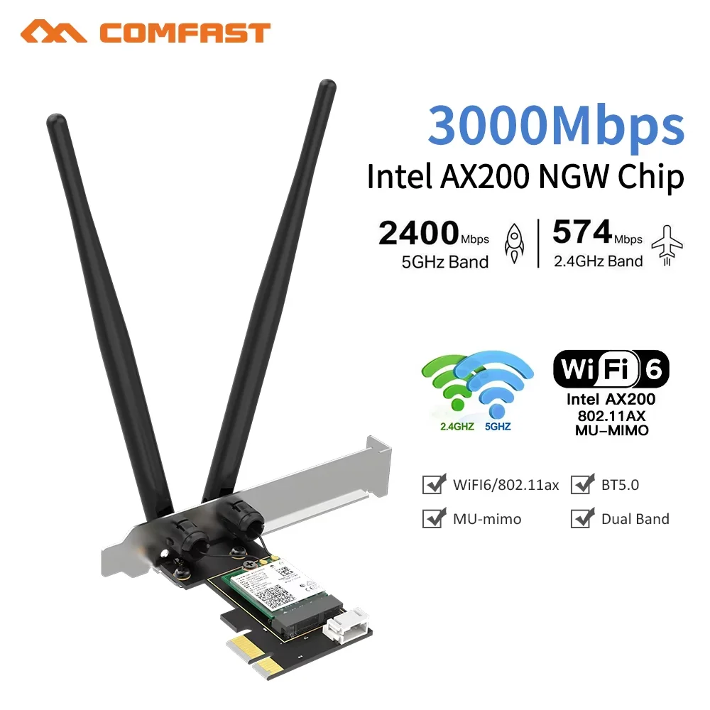 

Comfast WiFi 6 3000Mbps PCI-E Wi-Fi Adapter AX200 NGW WIFI card 2.4G/5Ghz BT 5.2 PCI Express Wireless Network Card for Desktop