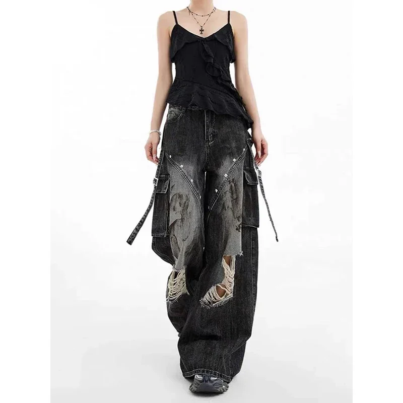Schwarze Gothic Y2k Zerrissene Jeans Damen Baggy Ästhetische Harajuku Oversize Denim Cargohose Vintage 2000er Trashy Hose Pantalones