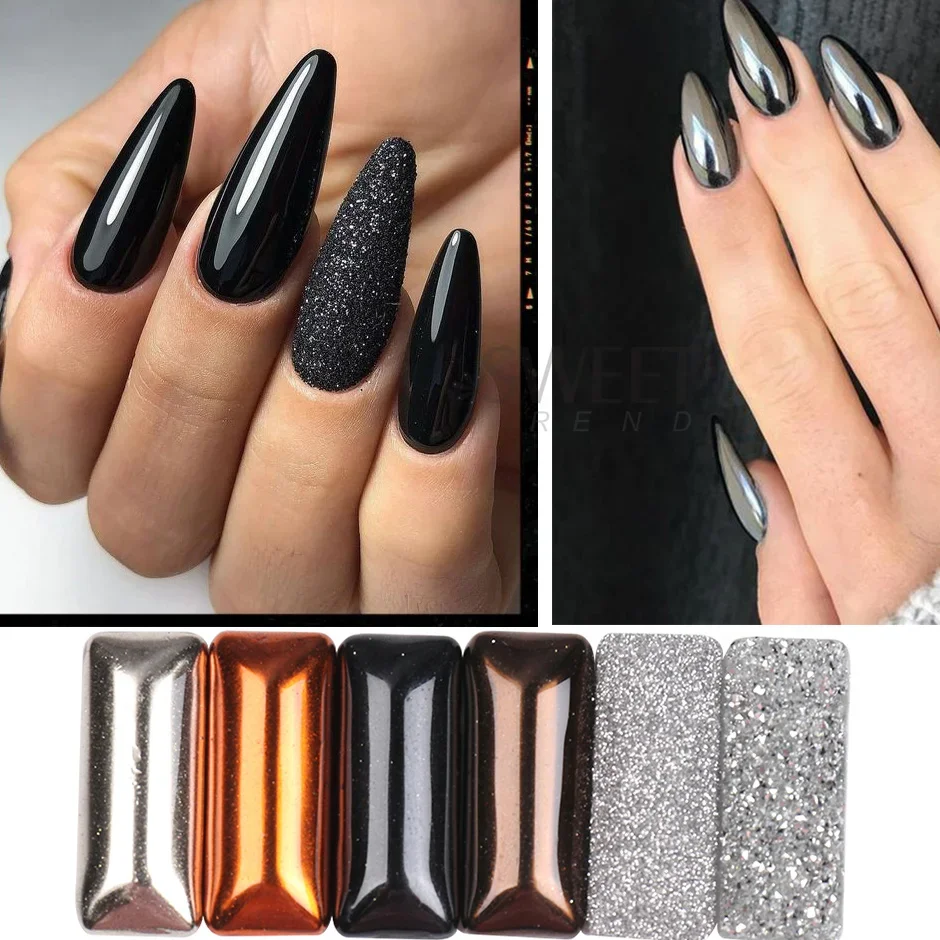 1 Box schwarzes Nagelpulver mit Spiegeleffekt, metallisches Chrom, Nageldesign, magisches Metall, Nagelkunst, Pigmentstaub,