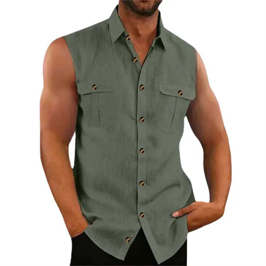 2024 New Summer Men\'s Linen Tank Tops Casual Solid Color Turn Down Collar Sleeveless Shirts Pockets Fashion Streetwear Vest