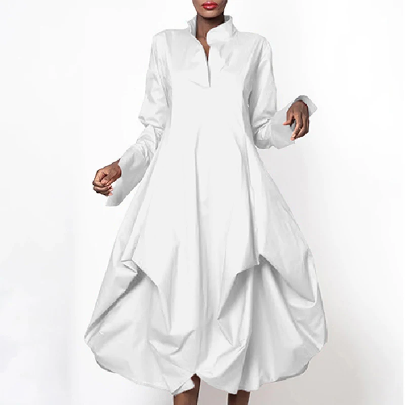 Uoozee Dresses For Urban Women 2023 Stylish Solid Color Loose Stand-Collar Long Sleeves Party Midi Dress