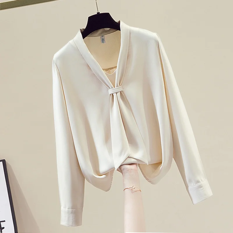 

Ele V-Ne Chiffon irt Women's Spring Profional Blouse Brand High-End Sensation Sa Loose Fit Long Sve Pure Color