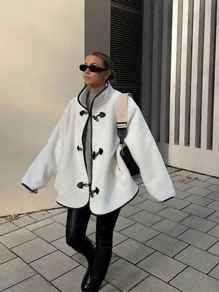 

Autumn Winter Solid Lamb Wool Cow Button Coat Women Stand Collar Long Sleeves Loose Jacket 2024 New Lady Streetwear Coats