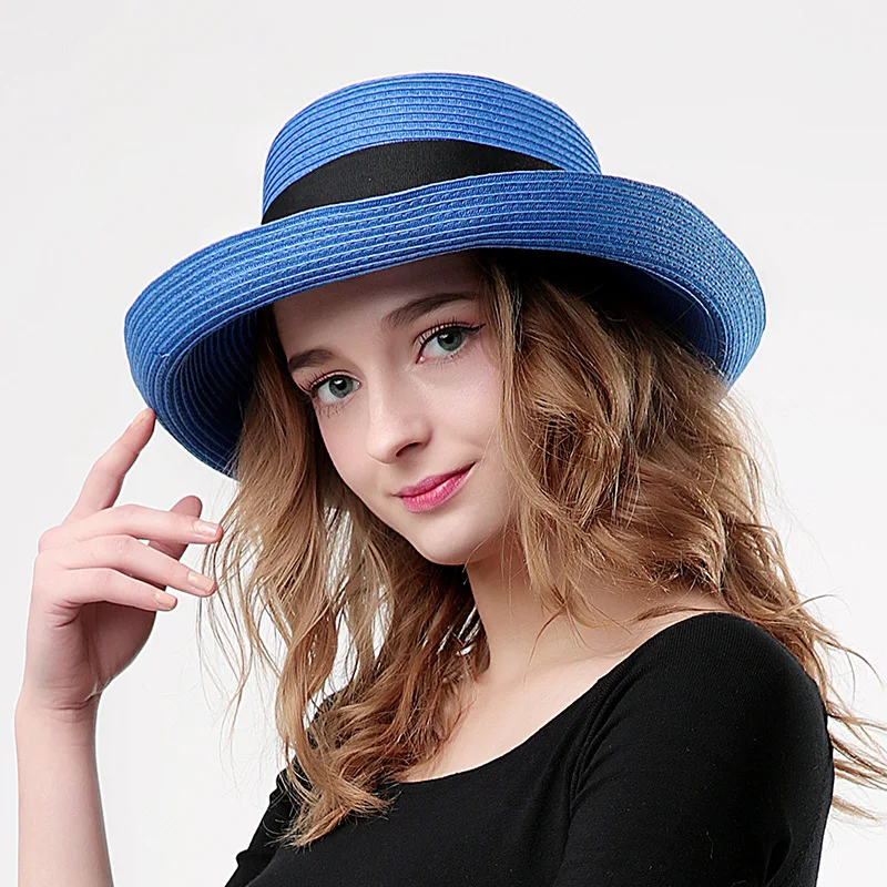 INS Curl Wide Side Beach Sun Hat Women\'s Summer Collapsible Fisherman Sunscreen Basin Cap Summer Bow Straw Hats for Women