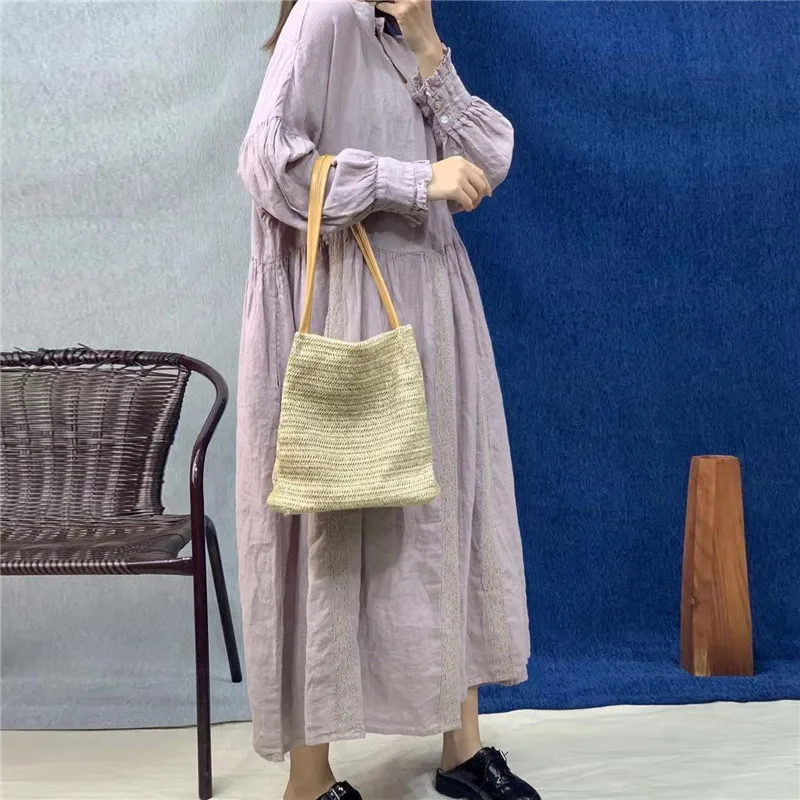 Johnature New Linen Women Embroidery Loose Dresses 2024 Autumn Vintage O-neck Full Sleeve Button Solid Color Female Dress