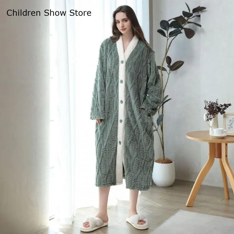 Sleepwear Winter Warm Kimono Nightgown Lady Thicken Fleece Jacquard Home Clothes Long Button Down Loungewear Peignoire Robe