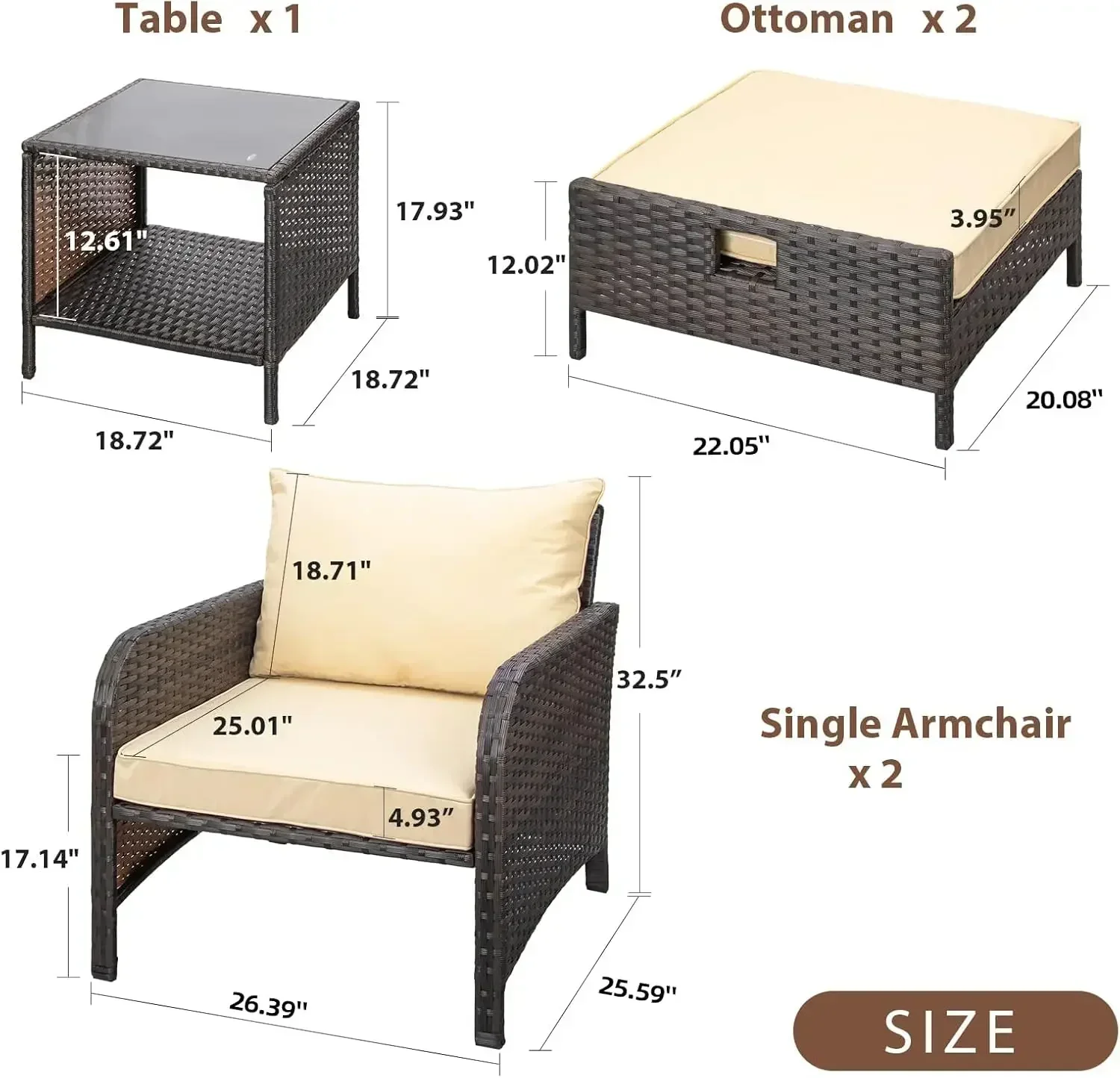 XMSJ.Balcony Furniture مجموعة محادثة للفناء مكونة من 5 قطع، كراسي صالة خارجية مع وسائد ناعمة 2 طاولة عثمانية وزجاجية للشرفة