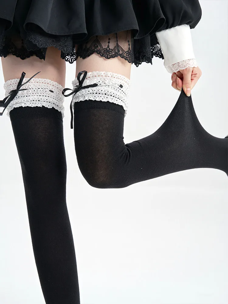 Lolita Over Knee-high Socks Cotton Sweet Lace Bow Ribbon Kawaii Calf-length Socks Thigh-high Stockings JK Cosplay Accessories