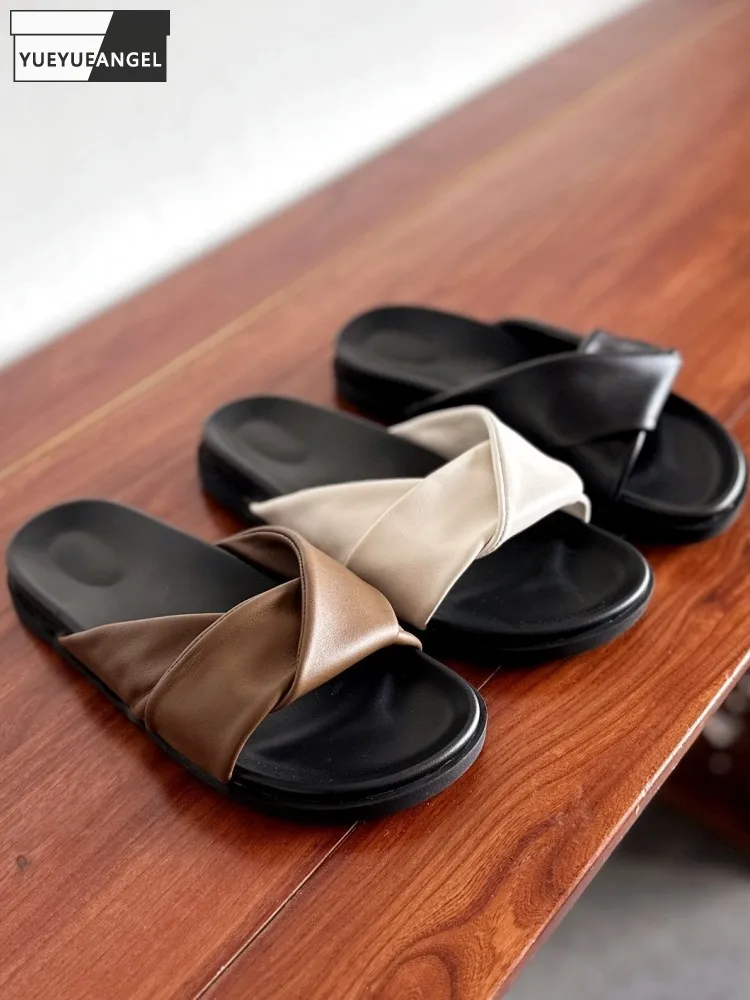 

Youth Female Wearing Outside Concise Style Genuine Leather Platform Comfortable Solid Color Cowhide Low-Heel Slip On Slippers