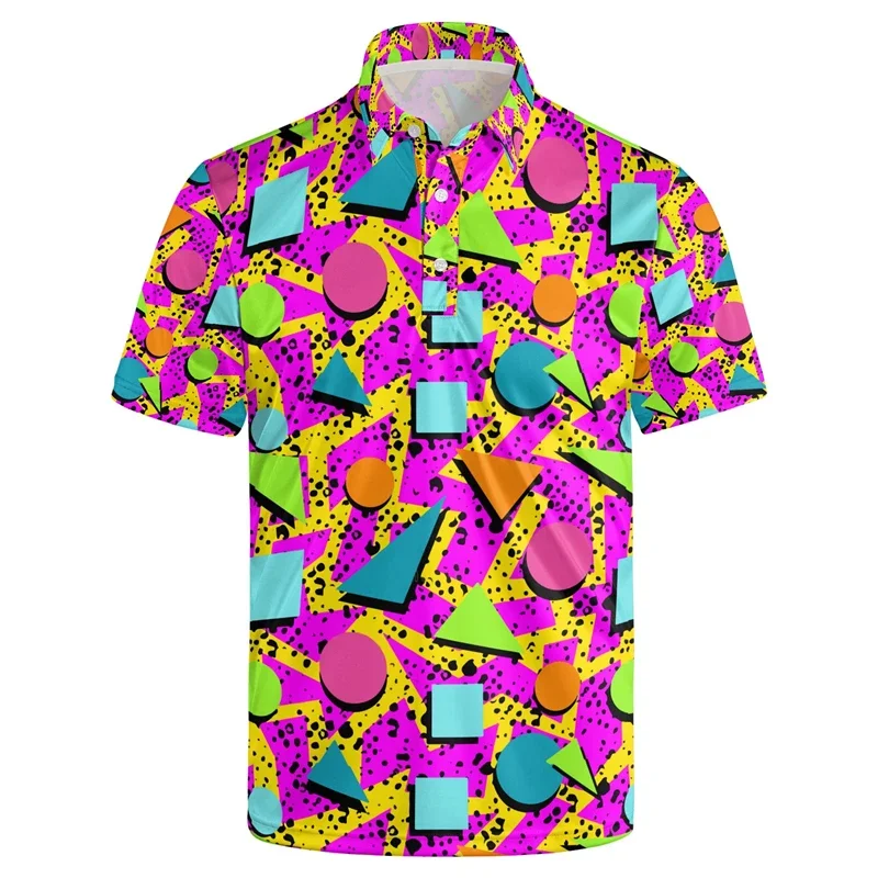 Classic 3d Print Hawaiian Polo Shirt Men Funky Retro 80s 90s Graphics Shirt Party Short Sleeve Button Tees Street Y2k Clothing