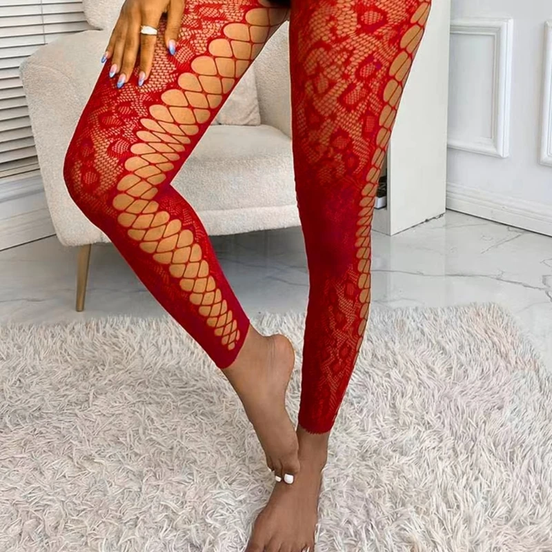 Women Open Crotch Tights Side Hollow-Out Sheer Mesh Footless Pantyhose Stockings