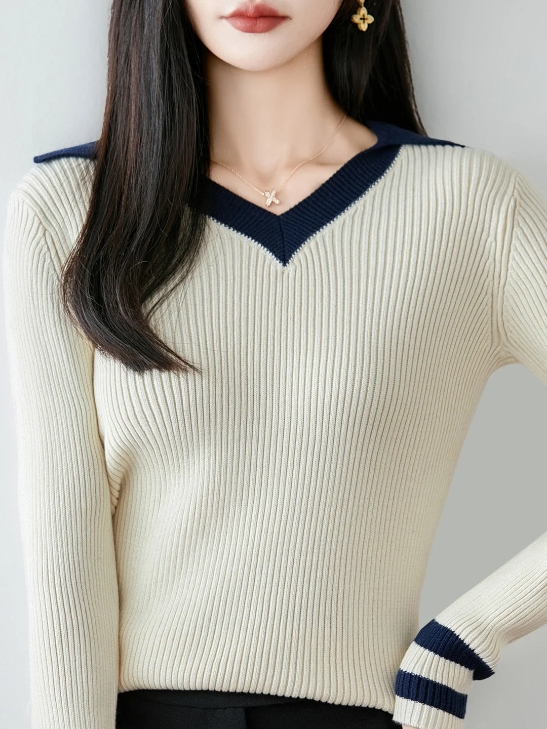 College Style Long Sleeve Pure Cotton Knitted  Shirt Women High Waist Short Sweater Color Block Base Top New Arrival