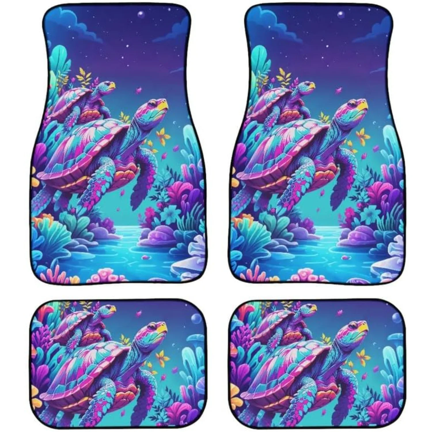 Watercolor Turtle Flower All-Weather Carpet Vehicle Floor Mats - Cartoon Ocean Creature 4pcs Universal Fit Interior Additions