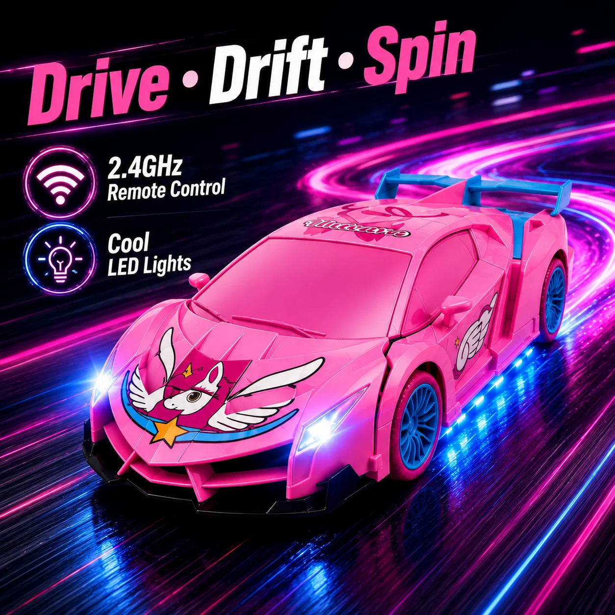 2-in-1 Unicorn RC Transforming Robot Car 2.4GHz Remote Control One Button Deformation 360 Rotation LED Lights Toy for Girls Kids