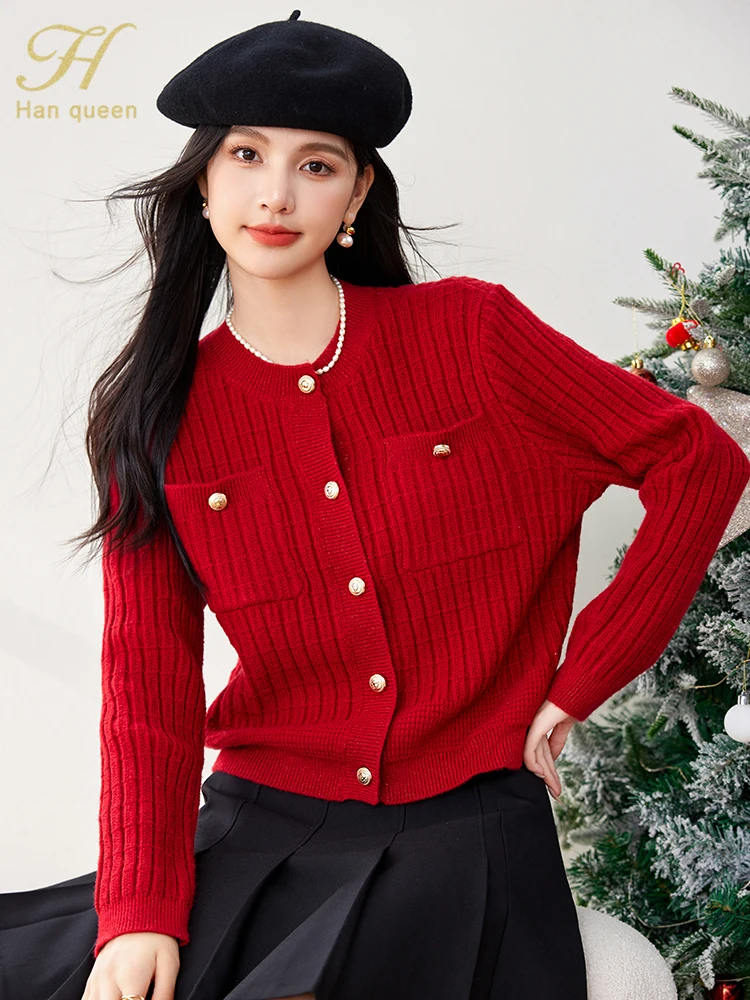 H Han Queen Autumn Winner Loose Long Sleeve Top Christmas Sweaters Elegant Simple Vintage Casual knitted Cardigan Sweater Female