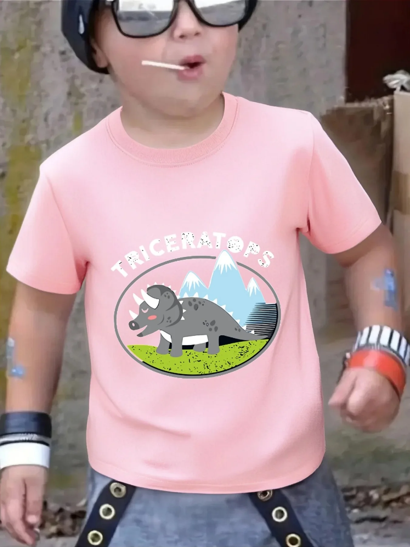 Cute Triceratops Dinosaur Print Family Matching T Shirt Boys Girls Tee Parent Child Casual Top Mom Dad Kids Summer Daily Wear