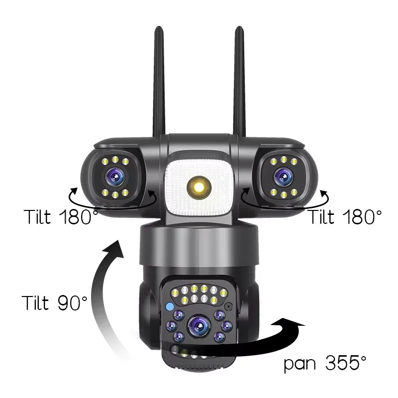 12MP 6K Three Len Three Screen WiFi Camera Outdoor Security Cam PTZ 360° Security Protection CCTV Surveillance Cam V380