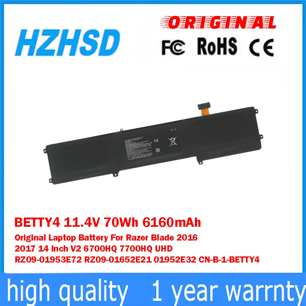 

BETTY4 11.4V 70Wh 6160mAh Original Laptop Battery For Razer Blade 2016 2017 14 Inch V2 6700HQ 7700HQ RZ09-01953E72 RZ09-01652E21