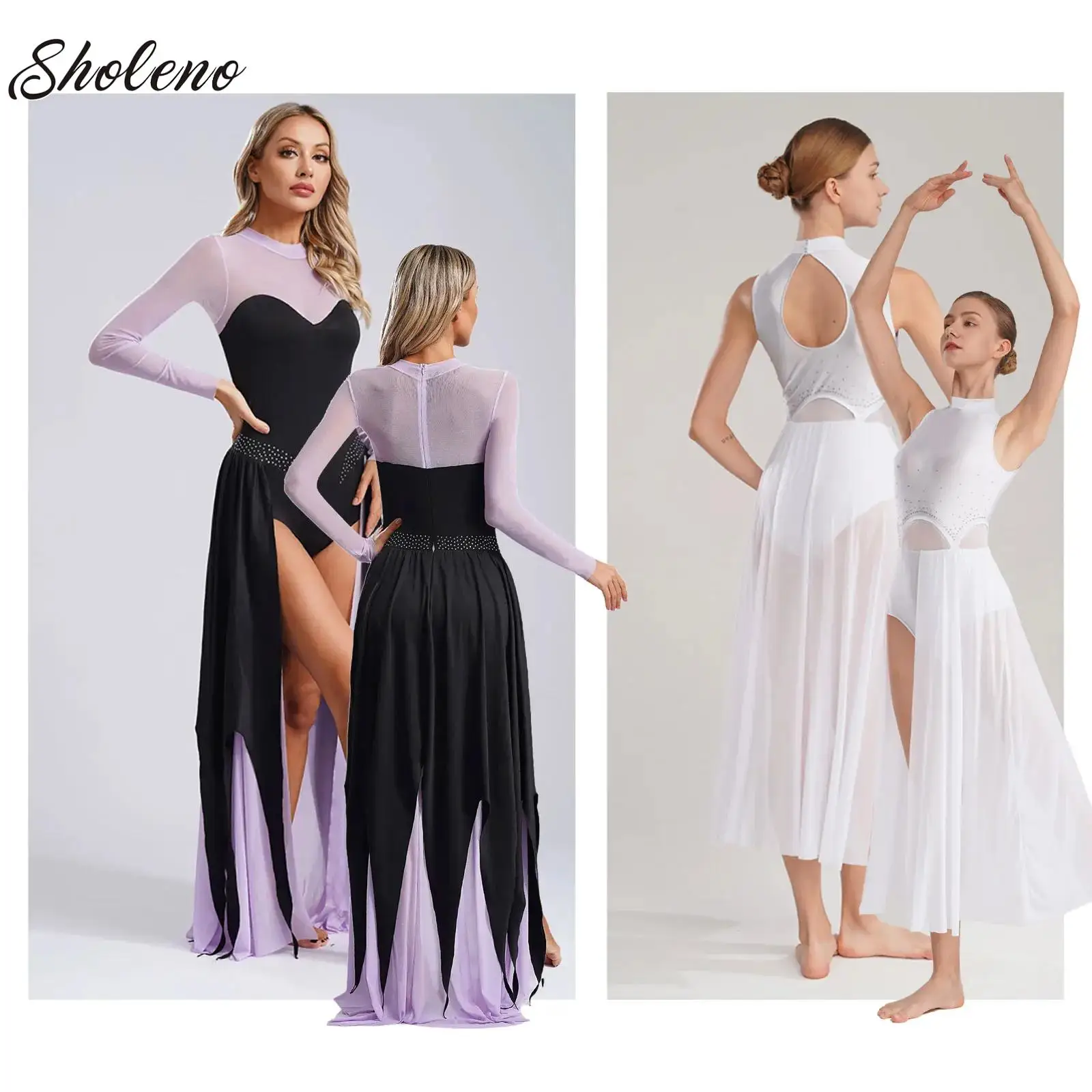 

Womens Lyrical Modern Dance Skirted Leotard Dresses Shiny Rhinestones Maxi Dress Halloween Mermaid Sea Witch Cosplay Costume
