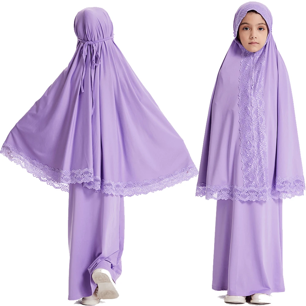

Muslim Kid Girls Hijab Dress Eid Djellaba Ramadan Khimar Skirt Prayer Garment Islam Burqa Abaya Robe Kaftan Lace Kebaya Jalabiya