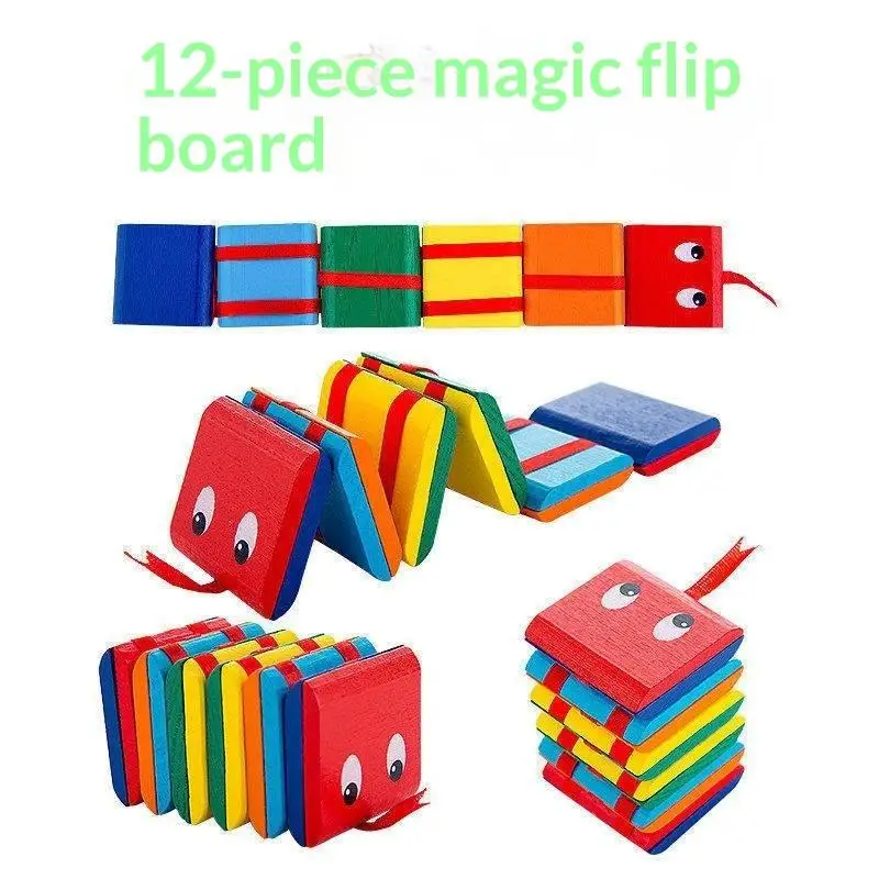 Wooden Rainbow Flip Snake Magic Board Toy Stress Relief Educational Flipping Toy For Toddler Color Cognitive Training