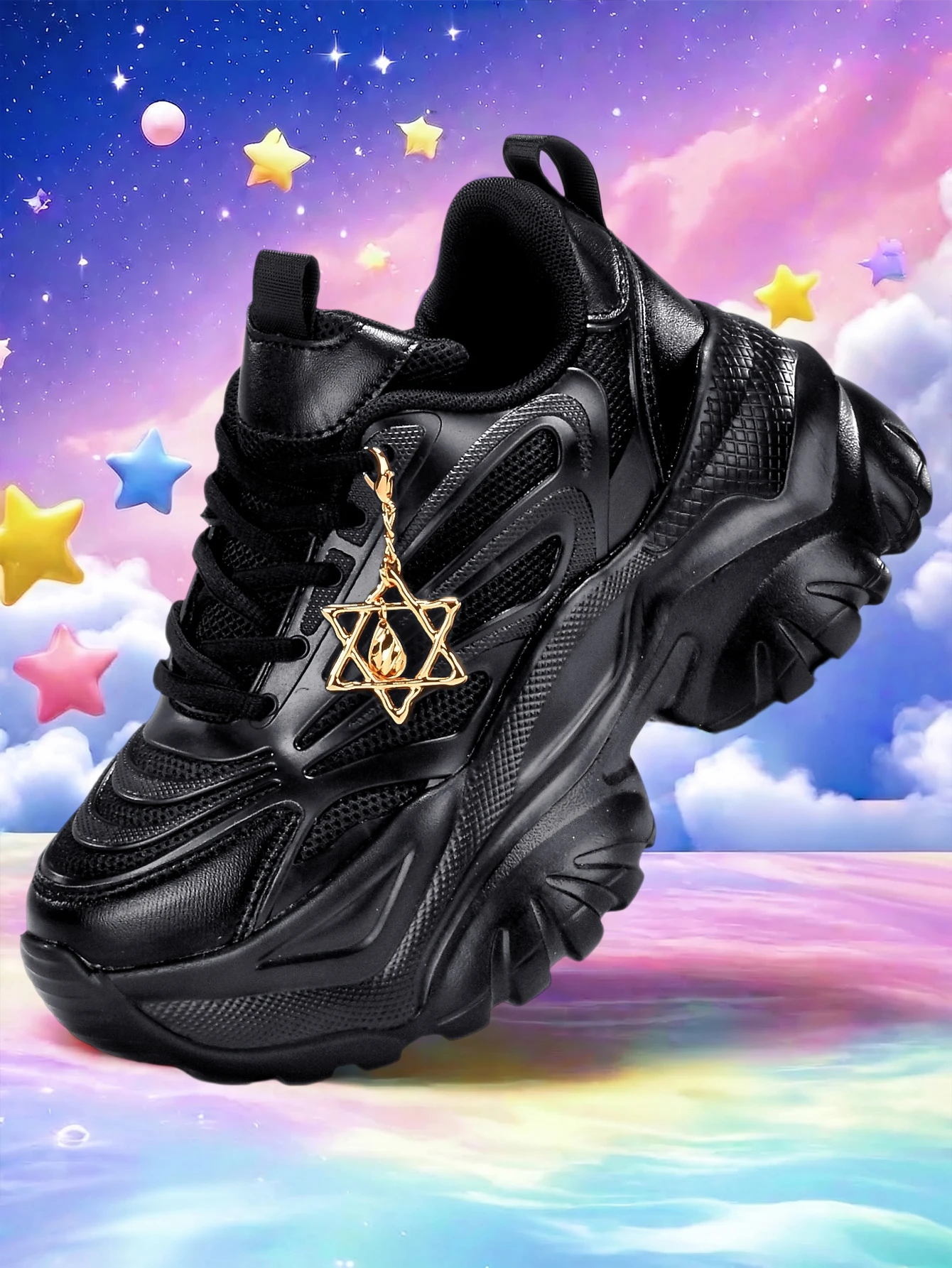 Women's Outdoor All-Season Fashion Vulcanized Shoes, Eva Lightweight Thick-Soled Height-Increasing 7cm Black Sneakers, Paired with a Sweet-Cool Style Gold Water Drop Six-Pointed Star Detachable Charm, Suitable for Runn