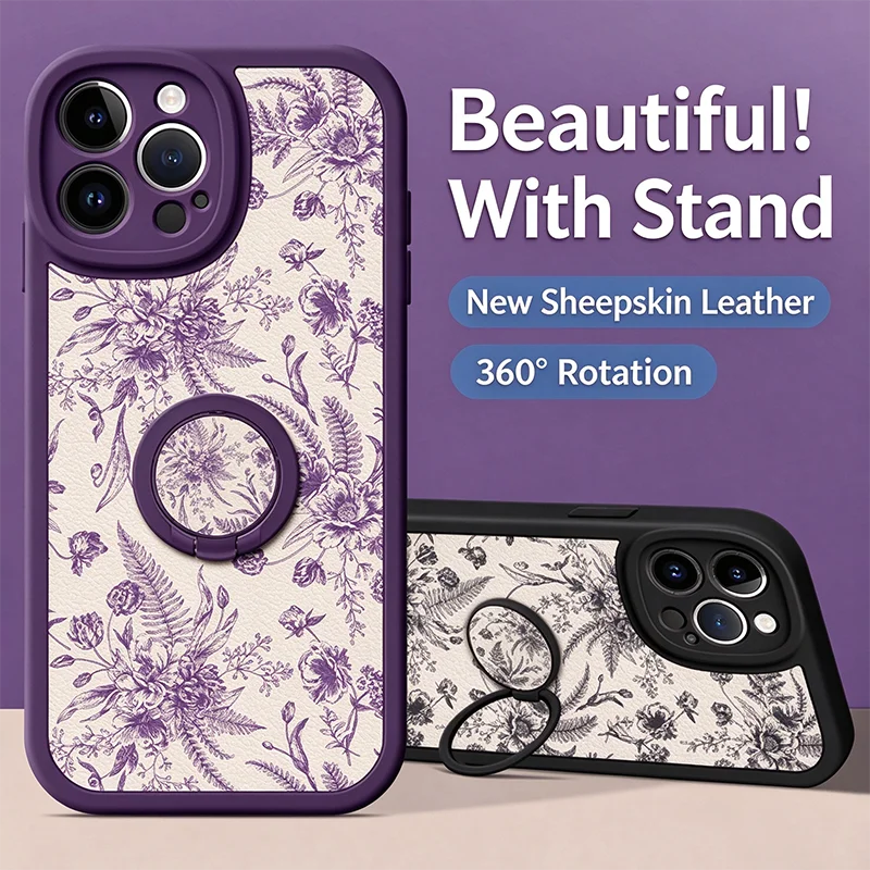 Floral Sheepskin Phone Case For iPhone 16 Pro Max 15 14 13 12 11 Pro Max XS Max 7 8 Plus 360° Ring Holder Kickstand Soft Cover