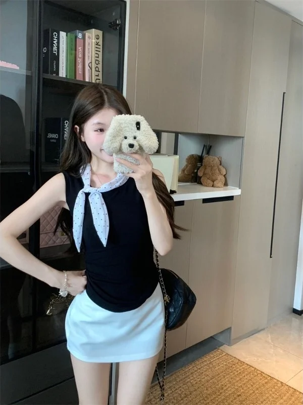 

Summer Sexy Black Vest And High Waist Skirt Two Piece Set Women's Sleeveless Slimming Fashionable Heat Resistant Short Length