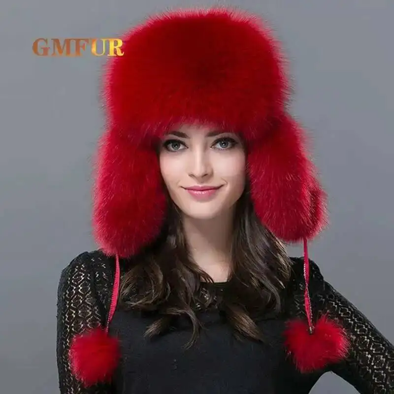

Women Fashion Real Fox Fur Hat Winter Russian Warm Cap Genuine Bomber Solid Warm Ear Raccoon Fur Earflap Hats Gorro Mujer