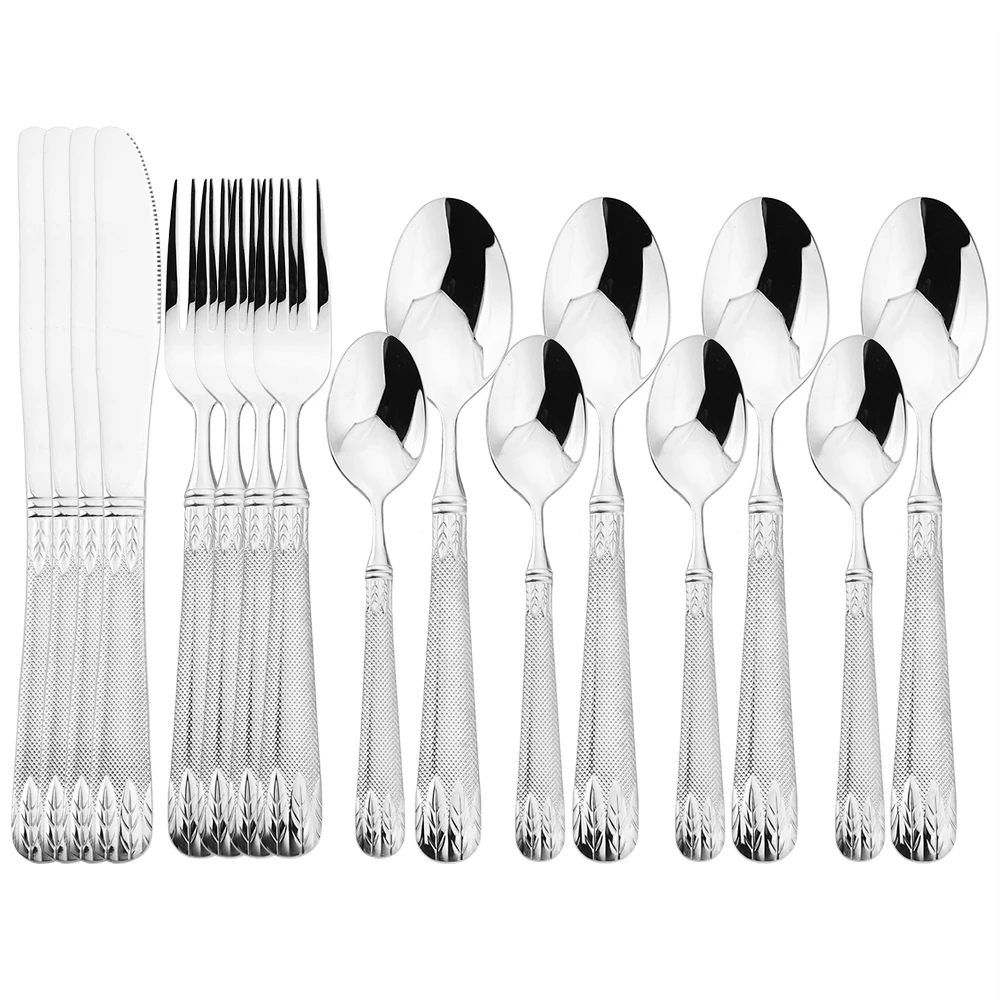 

16Pcs 304 Stainless Steel Dinnerware Set Wheat Ears Dinner Tableware Set Kitchen Decor Silver Knife Fork Spoon Cutlery Western