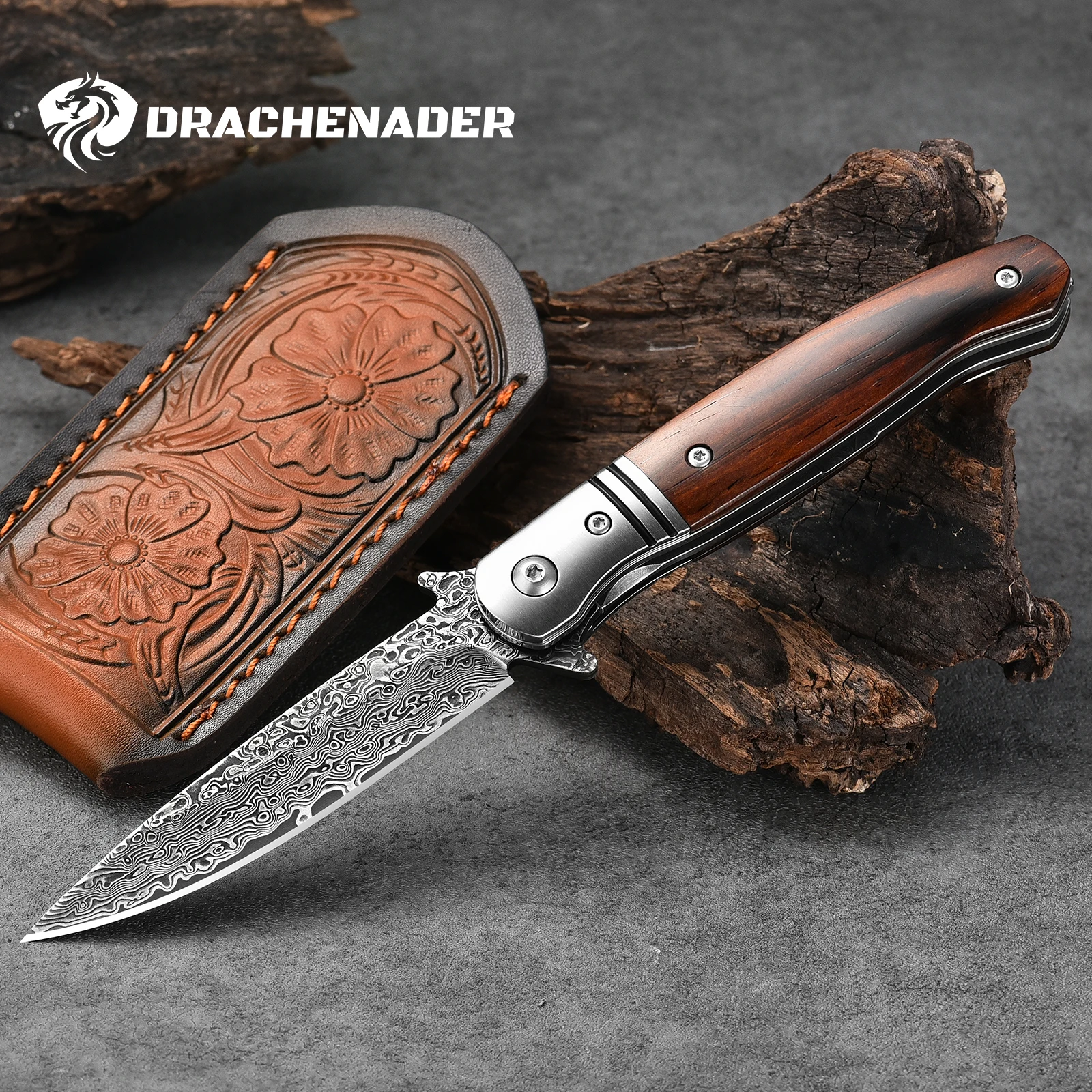 67 Layers Damascus Steel Folding Knife Vg10 Core Pocket Knife with Clip and Leather Sheath for Men Women EDC Camping Knives