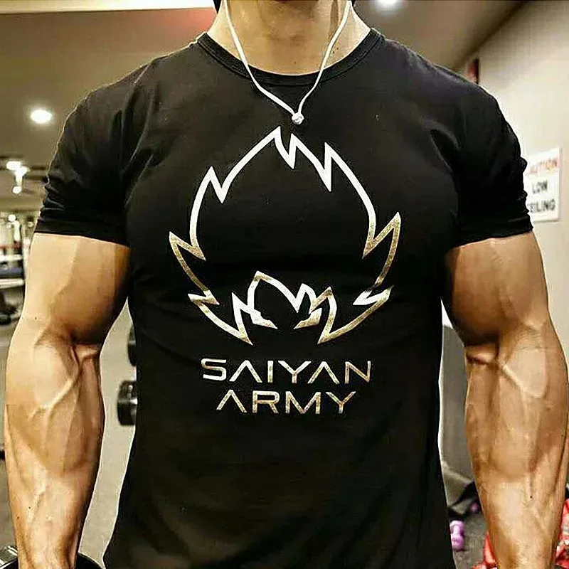 New Gym Fitness T-shirt Summer Muscle Men Sports Cotton Short Sleeve Loose Oversized Tee Casual Training Run Tops Male Clothing