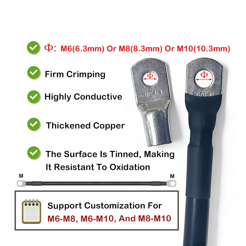 10 8 7 6 4 2 0AWG Red And Black Super Soft Silicone Tinned Copper Wire Cable With M6 M8 M10 Terminal Lug For Inverter Car Solar