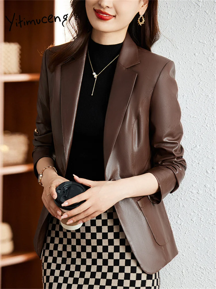 Yitimuceng Solid Leather Blazer for Women 2023 Fall Winter New Vintage Turn Down Collar Jackes Office Ladies Casual Chic Coats