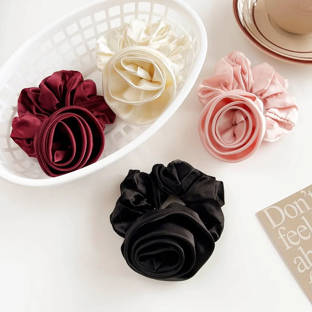

Elastic Korean Hair Bands Flower Design Rubber Band Rose Hair Ties Charms Satin Material Big Flower Scrunchies Women's Hair
