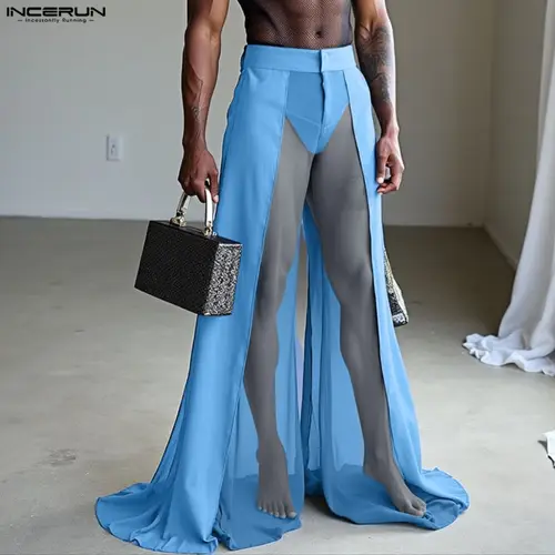 INCERUN, pantalones para hombre, pantalones de malla con retales, pantalones para correr con botones sueltos transparentes, pantalones de pierna ancha para hombre, ropa de calle sexi, pantalones de moda para hombre S-5XL