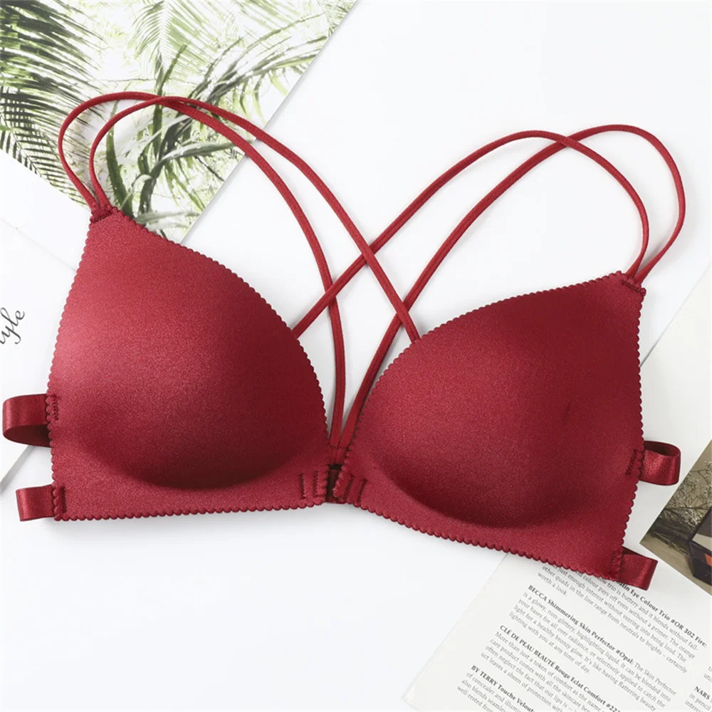 Sexy Front Buckle Korean Version Women\'s Bra Versatile, Beautiful Back, Crossed Thin Shoulder Straps, Gathered Bra Bra