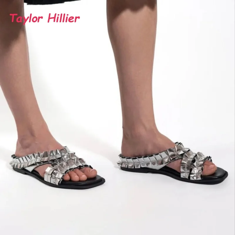

Square Open Toe Pleated Women Flat Slide Sandals Two Strap Slip On Summer Casual Outdoor Beach Fashion Comfortable Slippers