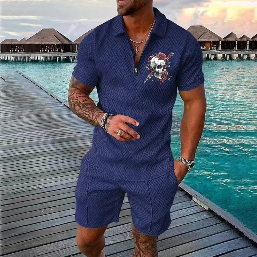 Summer 3D Skull Printed Men's Sets Fashion Zip Polo Short Sleeve Top +Shorts Outfit Summer Street Trend Oversized Men Clothing