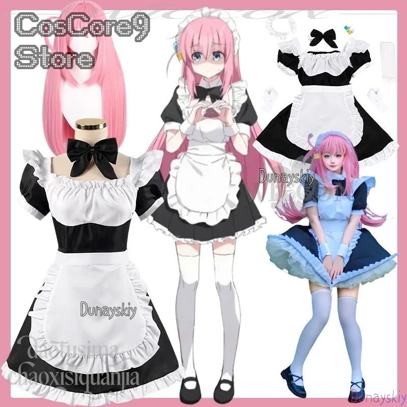 Vestido blanco y negro de sirvienta japonesa Kawaii, adorable y dulce fiesta de Halloween de Lolita, pelucas rosas, tocados de Anime Gotō Hitori, Cosplay