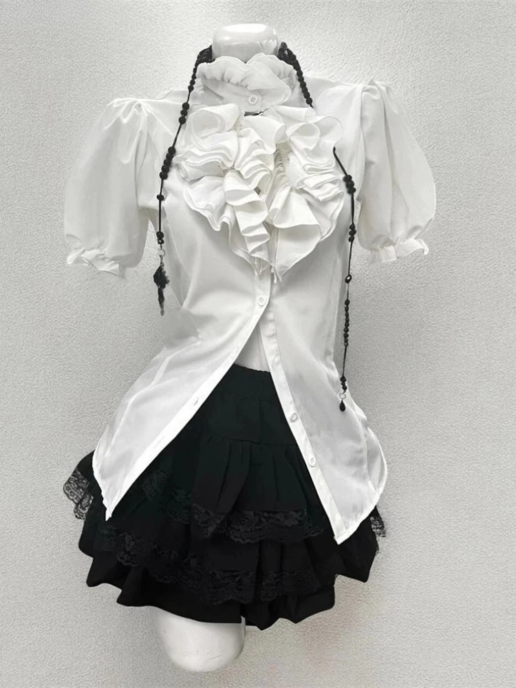 Gothic Retro Elegant Woman 3 Piece Sets Preppy Style Black Vest +Chic Blouse +High Waist Skirt Female Chic Korea Fashion Outfits