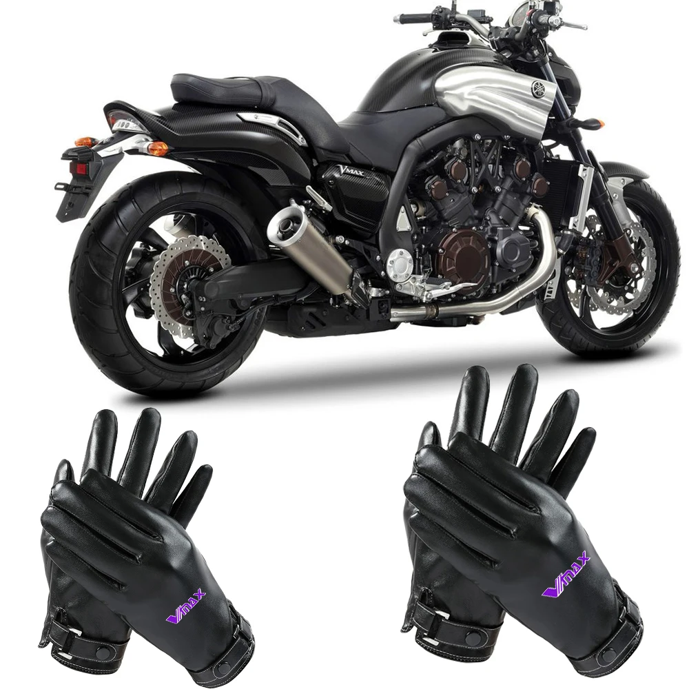 

High Quality Full Finger Black Cycling Gloves Men PU Leather Glove Winter Warm Touch Screen Gloves for Yamaha VMax 1200 VMax1700